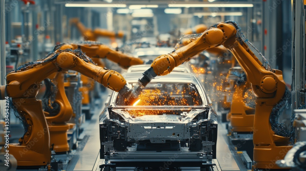 Poster assembling a car with innovative robotic arms and radiant led headlights in a state-of-the-art facto