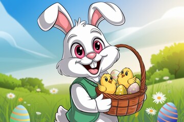 A cute easter card illustration with a bunny, chicks, and eggs