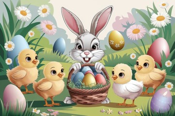 A cute easter card illustration with a bunny, chicks, and eggs