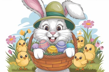 A cute easter card illustration with a bunny, chicks, and eggs