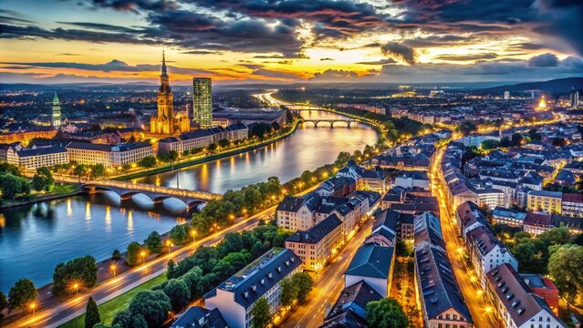 Mannheim Germany Aerial Night View 4K - Illuminated Cityscape Stock Photo