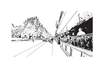 Latest building view with landmark of Christchurch city of New Zealand. Hand drawn sketch illustration in vector