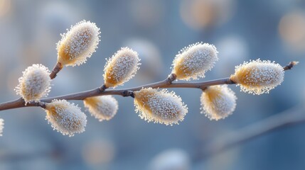 Fototapeta premium Delicate willow branch with soft catkins, shimmering frost particles, serene morning light, gentle blue background, evoking tranquility and the promise of springtime awakening