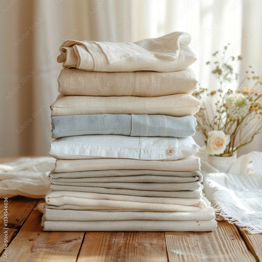 Poster light-colored clothes neatly folded into square shapes arranged on wooden table minimalist compositi