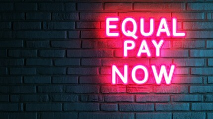 Bright Neon Sign Advocating for Equal Pay in Feminist Movement on Urban Wall Background