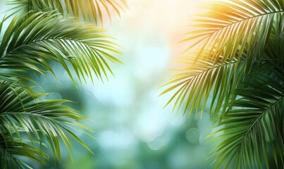 Fototapeta premium Tropical Palm Leaves Against Blurred Pastel Sky in Serene Nature Scene
