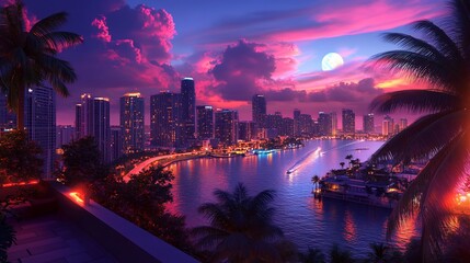 Obraz premium Evening cityscape view overlooking coastal skyline with vibrant clouds and moon