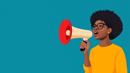 Woman with megaphone expressing ideas and thoughts on vibrant blue background