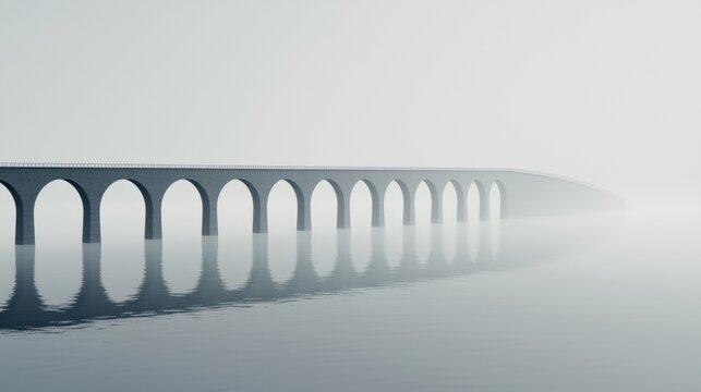 A long bridge with many arches spans a body of water, creating a sense of depth and perspective.