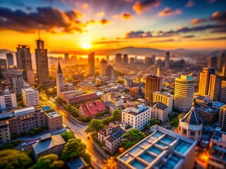 Fototapeta premium Miniature Cityscape: Tilt-Shift Photography of Urban Architecture at Sunset