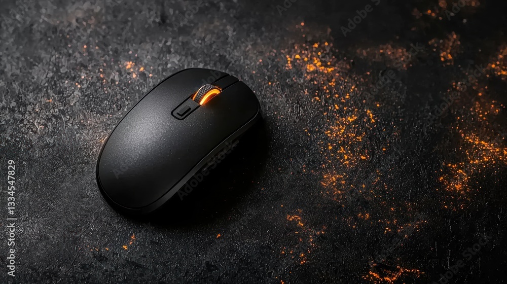 Poster a black computer mouse with an orange light on top.