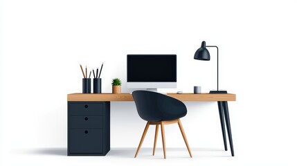 Modern workspace featuring a stylish desk, computer, and lamp, designed for productivity and creativity.