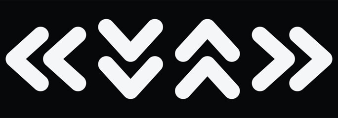 Black chevron arrows. Scrolling arrow button symbol. Dynamic moving arrow symbol. Swipe arrow vector icon. Pointer, next to, road caution, military, navigation sign isolated. Vector illustration.
