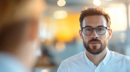 Obraz premium Young professional in glasses, engaged in conversation, focused expression, modern workspace ambiance, ideal for teamwork themes.