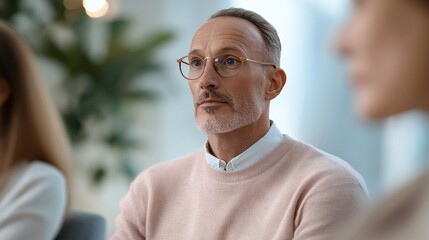 Fototapeta premium Casual meeting participant, stylish man in light sweater engaged in discussion, modern workspace with greenery in background.