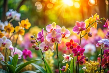 Fototapeta premium Miniature Orchid Garden: Tilt-Shift Photography of Blooming Orchids