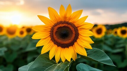Obraz premium Vibrant Sunflower Bloom Against a Glowing Sunset in a Field of Sunflowers