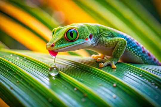 Miniature Ornate Day Gecko Licking Droplet on Palm Tree - Tilt-Shift Photography