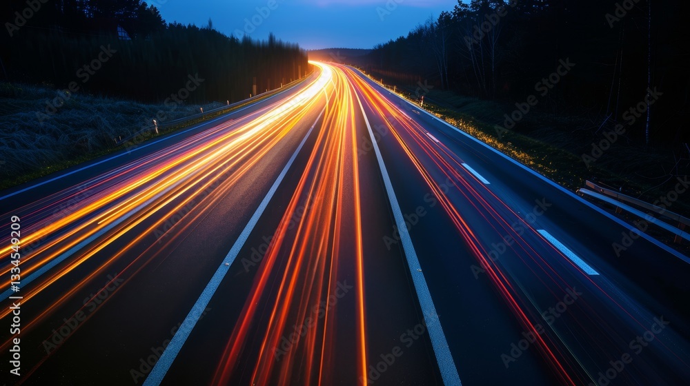 Poster light trails defining a road, internet transfer speed concept, digitization and networking, minimali