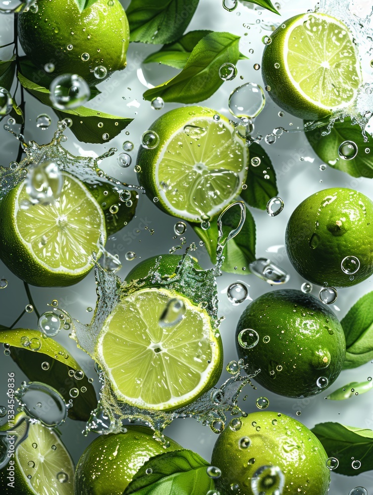 Poster lime slices flying through air creating a splash with rising bubbles on white background