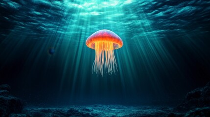 Mesmerizing Jellyfish Illuminated Beneath Serene Ocean Waves in Blue Radiance