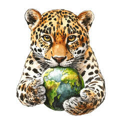 Obraz premium A leopard is depicted holding the globe in its paws.