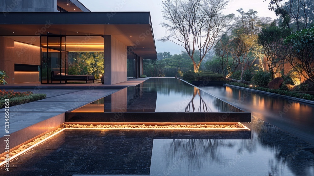 Poster linear reflection pool in a minimalist garden with led lit walkways