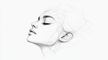 A black and white sketch of a woman's face in profile, with her eyes closed and her hair flowing around her head.