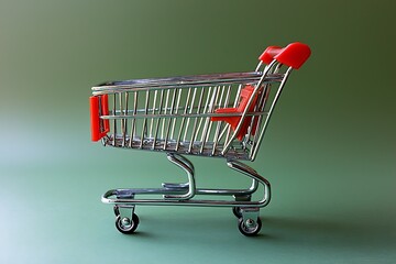 A small metal shopping cart with red accents displayed indoors