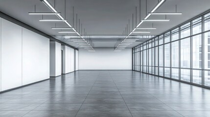 modern office interior, empty open space, floor-to-ceiling windows, polished concrete floor, white brick walls, minimalist design, fluorescent ceiling lights, long hallway perspective