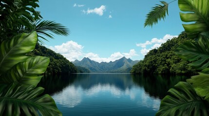 Fototapeta premium Serene Tropical Landscape with Lush Greenery and Calm Reflective Water under Blue Sky