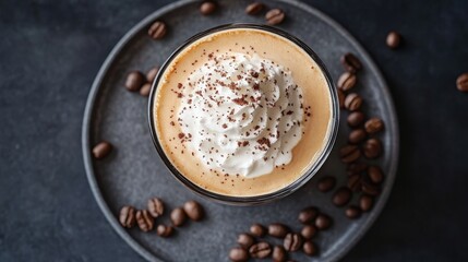 Rich coffee indulgence. Creamy froth, chocolate shavings, and scattered beans create a cozy, inviting scene