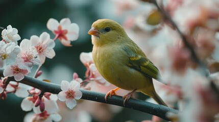 Yellow bird perched on blossom branch in spring garden