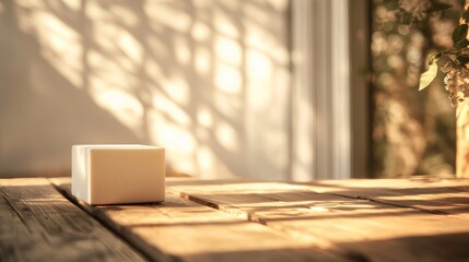 Fototapeta premium Minimalist soap bar on wooden surface with warm sunlight