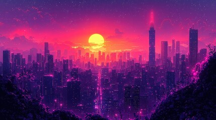 Obraz premium Vibrant Sunset Over Cyberpunk Cityscape With Silhouetted Skyscrapers and Colorful Skies