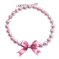 A pink pearl necklace with a bow.