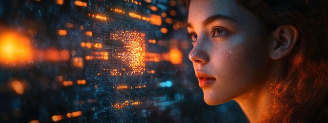Woman Presenting Data Analytics in Futuristic Digital Workspace with Neon Lights and Holographic Interface