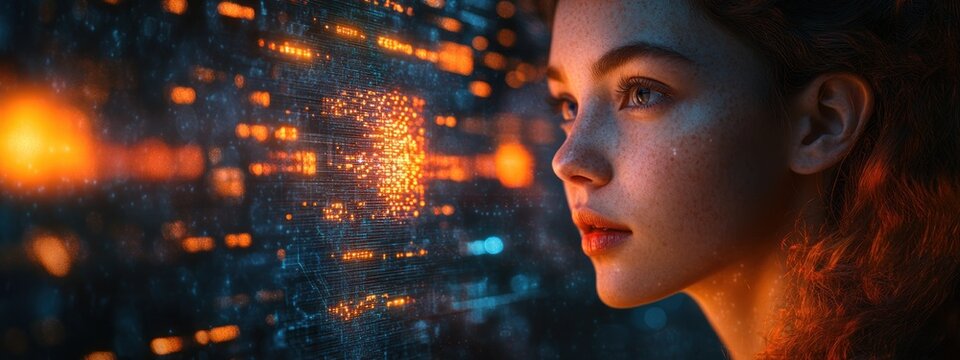 Woman Presenting Data Analytics in Futuristic Digital Workspace with Neon Lights and Holographic Interface - Powered by Adobe