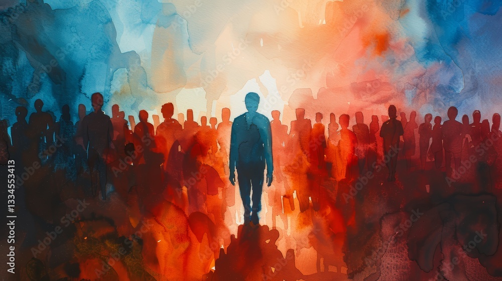 Poster lonely figure surrounded by crowd in watercolor conceptual scene with abstract background and muted 