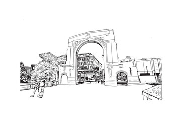 Latest building view with landmark of Christchurch city of New Zealand. Hand drawn sketch illustration in vector