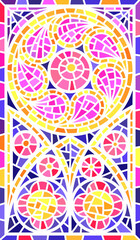 Church window with arched frame. Cathedral gothic stained glass. Old architecture element. Medieval castle door silhouette. Catholic interior decoration.