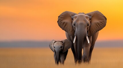 Fototapeta premium Majestic Elephants Walking Together at Sunrise in a Serene African Landscape