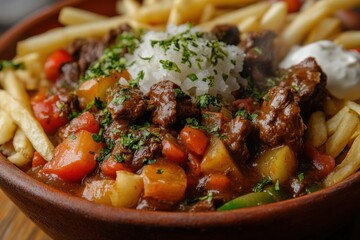 Fototapeta premium Hearty Beef Stew with Potatoes Carrots Rice and Fries,