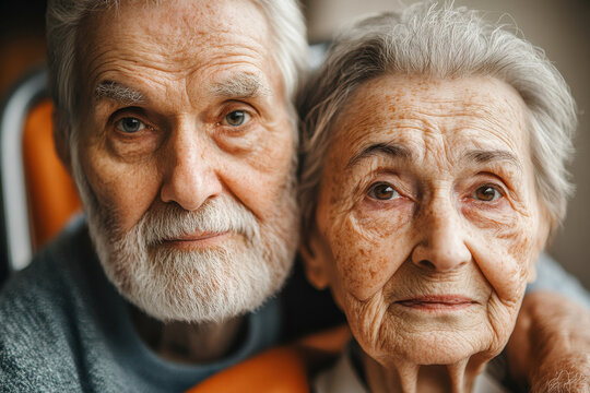 Elderly couple with warm expressions sharing close and emotional moment together