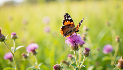 Obraz premium Red Admiral butterfly resting on thistle flower in meadow, nature's beauty