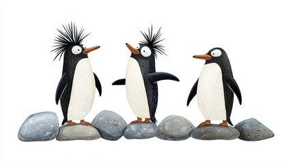 Playful penguins standing on rocks, showcasing their unique features and social interactions in a whimsical setting.