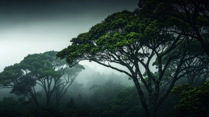 Obraz premium Misty Forest Ethereal Trees Nature Scene Foggy Woods Dark Canopy High Resolution Phot