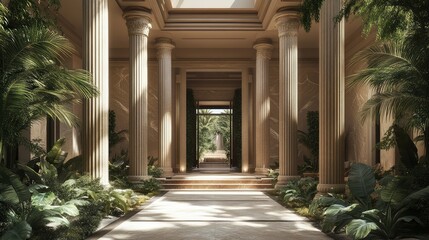 Fototapeta premium Sunlit Colonnade Tranquil Pathway Through a Luxurious Mediterranean Estate