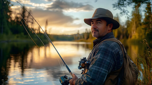 National Hunting and Fishing Day in the USA. a man is fishing with a fishing rod - Powered by Adobe
