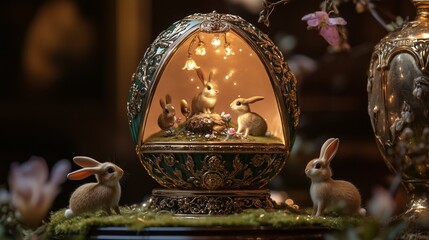 Obraz premium A stunningly ornate and intricately designed Fabergé-style egg, illuminated from within, revealing a charming miniature world of playful rabbits in a magical and luxurious Easter-themed display